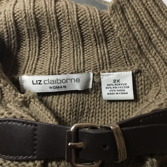 Liz Claiborne Women’s Light Brown Wool Blend Poncho Sweater With Buckle Size 2X - Picture 6 of 7